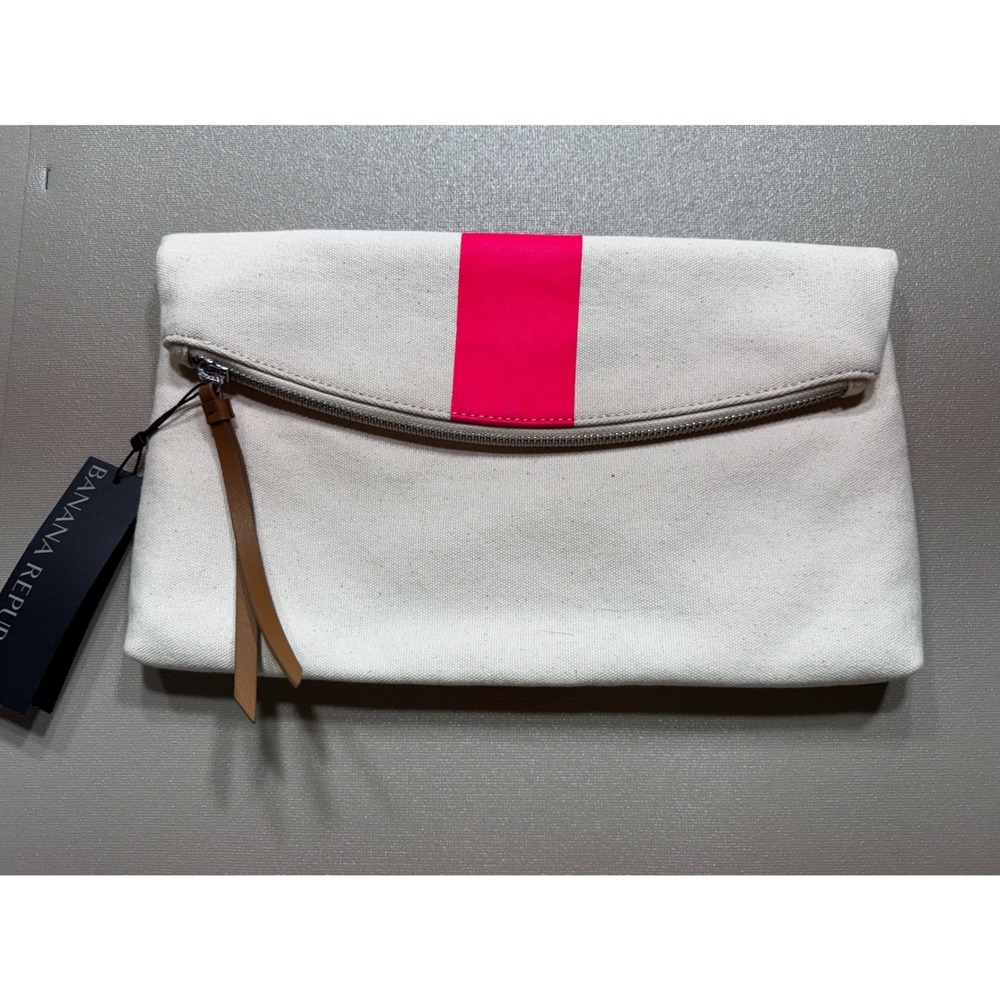 NWT Banana Republic Canvas Foldover Clutch Bag Neon Pink Stripe Cream